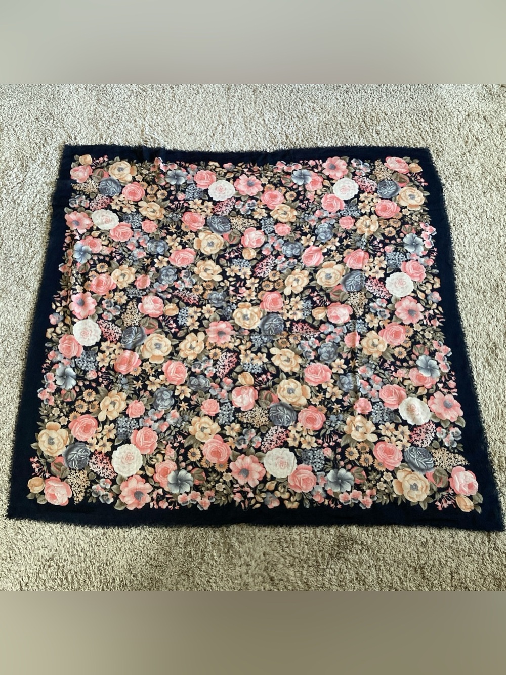 Womens large 53” square wool silk floral pink blue scarf made in Italy